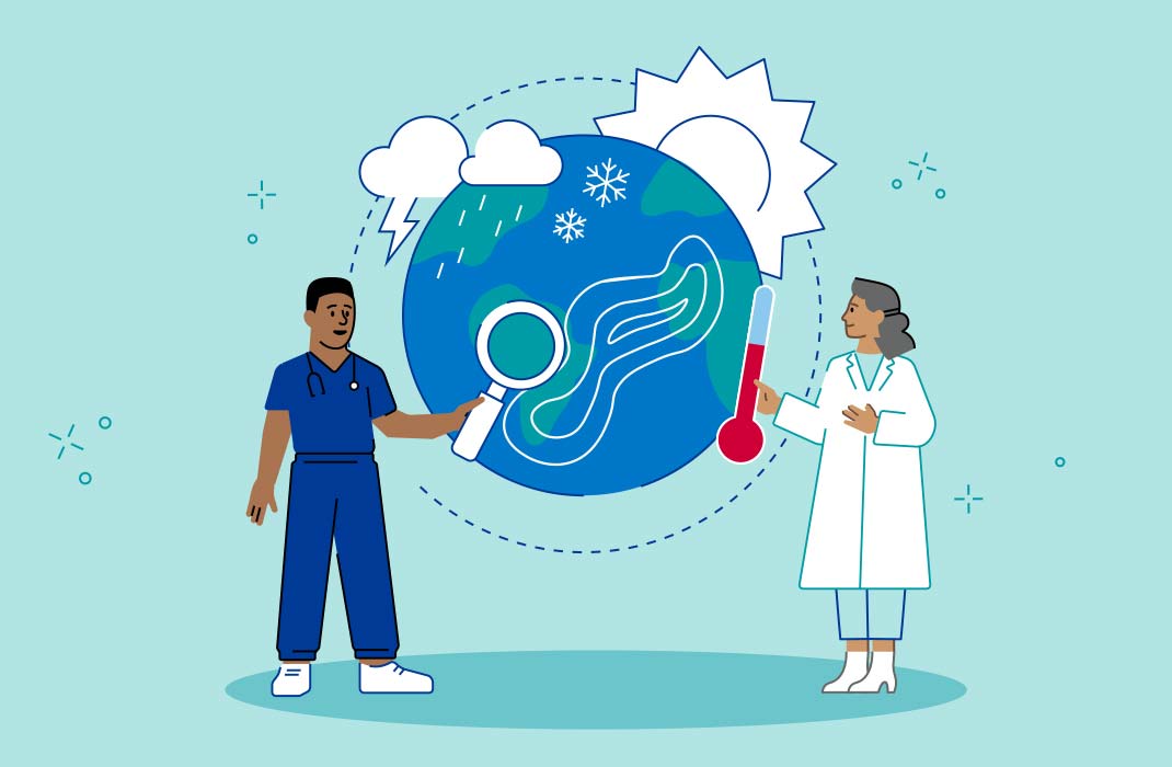 A world earth day illustration of a doctor in brown skin tone and short cropped black hair wearing blue scrubs, white shoes, and a stethoscope around their neck as they hold a big white magnifying glass to a globe filled with clouds and rain, clouds and lightning, sun, snowflakes, and more. Another doctor is standing on the right side of the globe with medium-length gray hair, light brown skin tone, while wearing a white lab coat over light blue scrubs and white heeled boots as she holds up a tube thermometer.