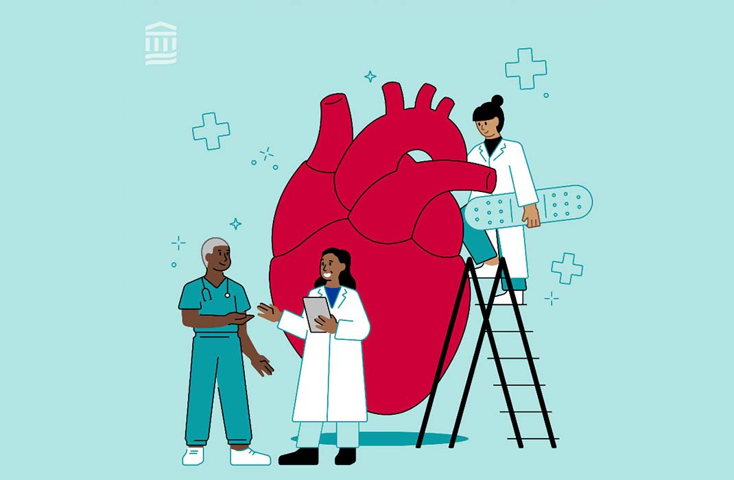 Graphic of the anatomy of a heart with a doctor carrying an adhesive bandage on a ladder while a doctor in a white coat is holding a clipboard and speaking to another doctor wearing scrubs with a stethoscope around their neck