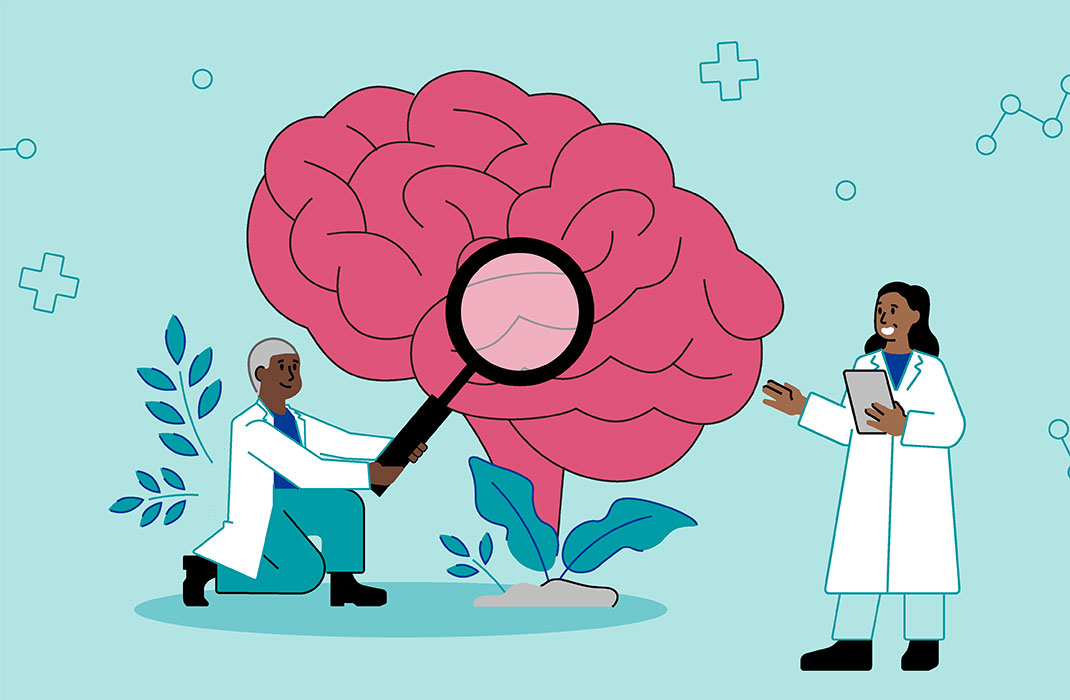 Cartoon of two researchers examining a brain, which sprouts from the ground like a bush.