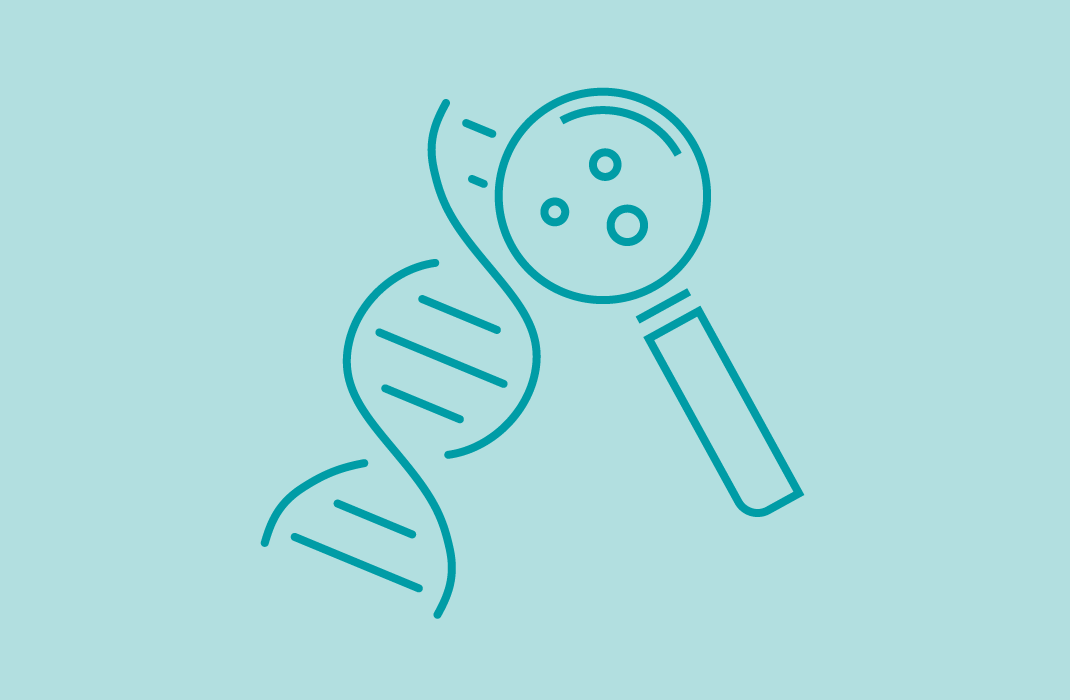 A DNA double helix under a magnifying glass.