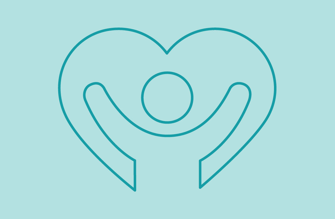 Line illustration of two hands lifting up a heart with the health symbol in the middle