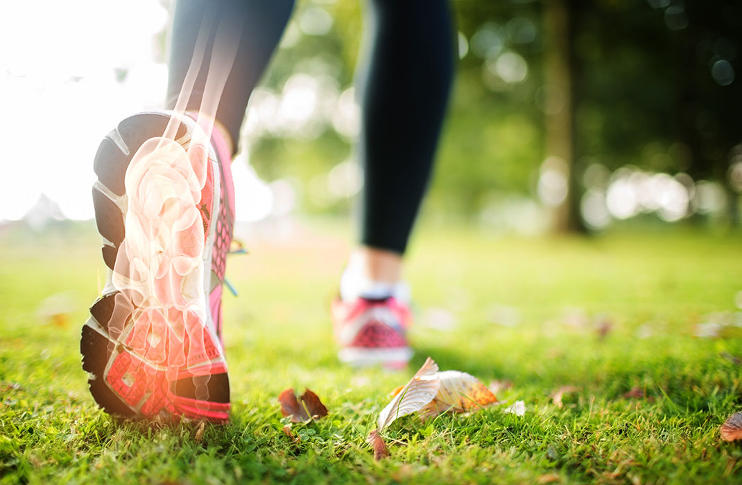 close up of foot and ankle of a person walking in park