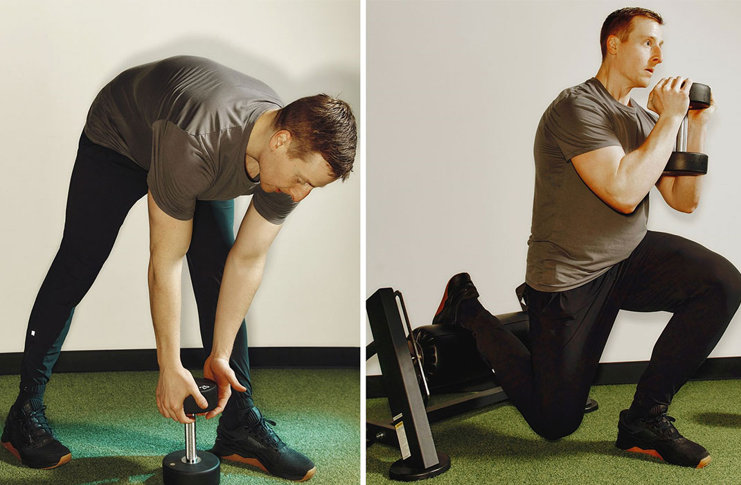 man at gym lunging with kettleballs in each hand