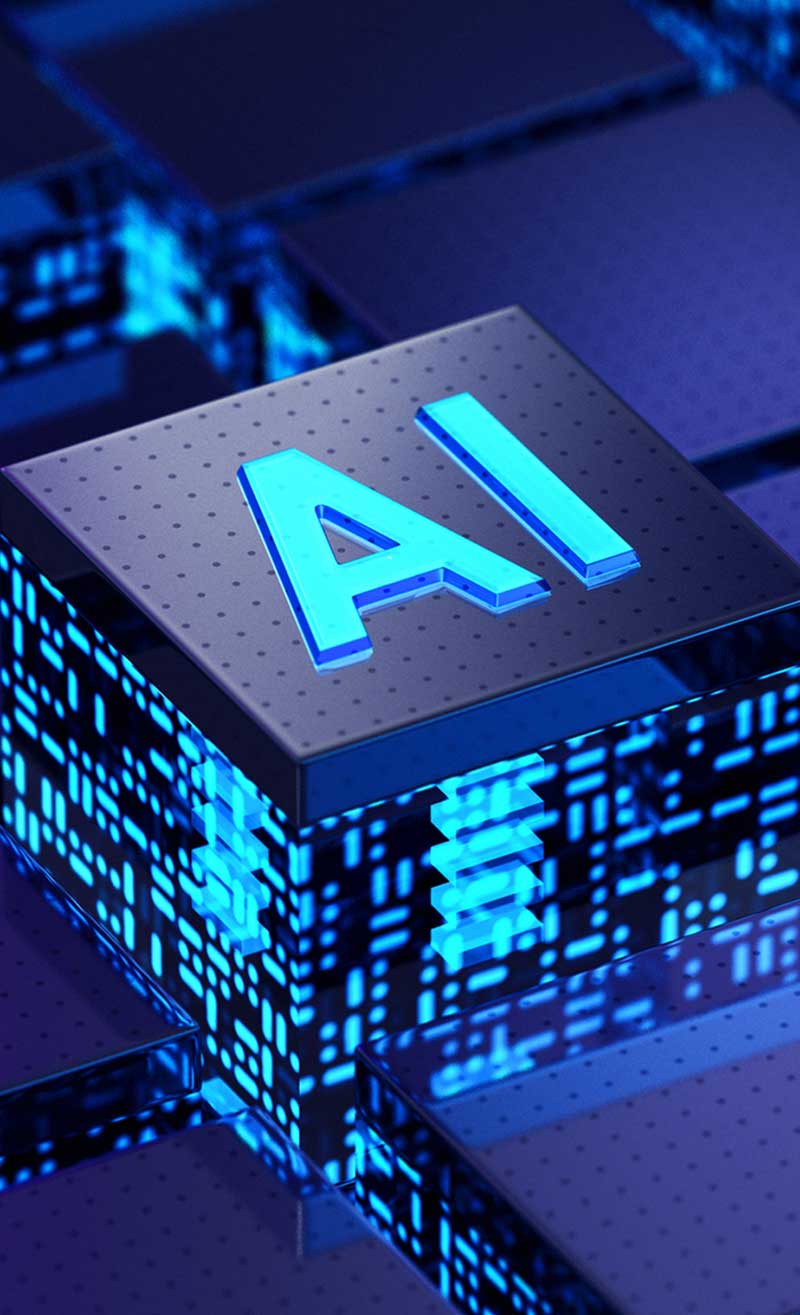 Futuristic floating blue cube with AI written on the top in glowing blue letters.