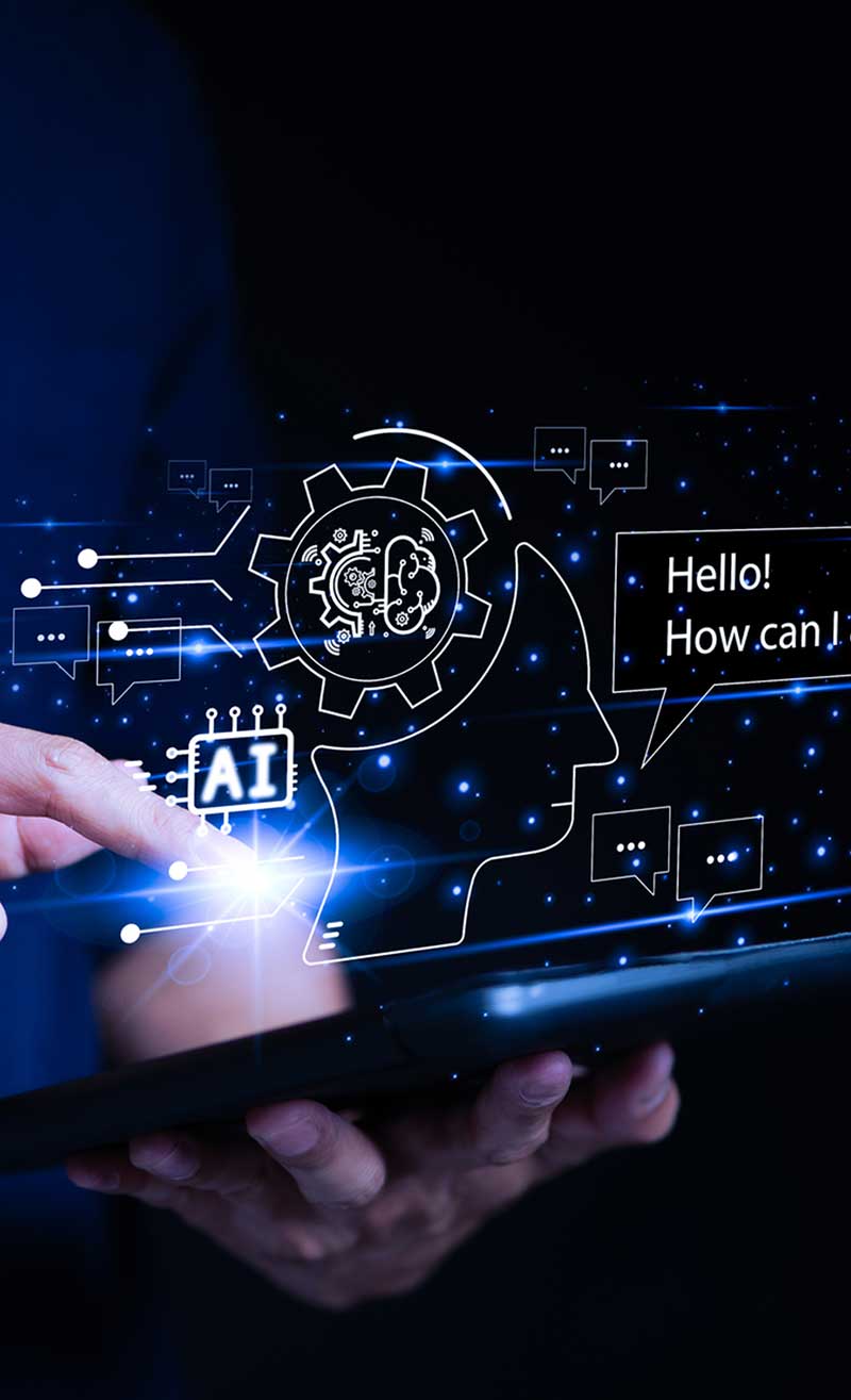 Futuristic AI interface hovers in the air over a tablet.