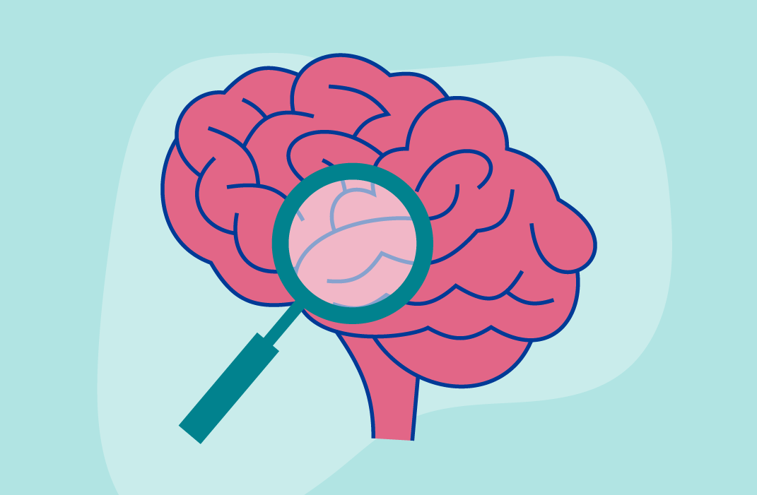 Icon of a brain with magnifiying glass