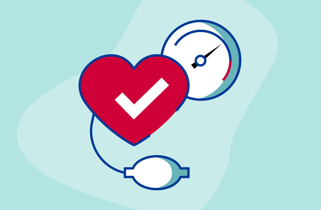 Icon of a heart with a checkmark in it surrounded by a blood pressure cuff