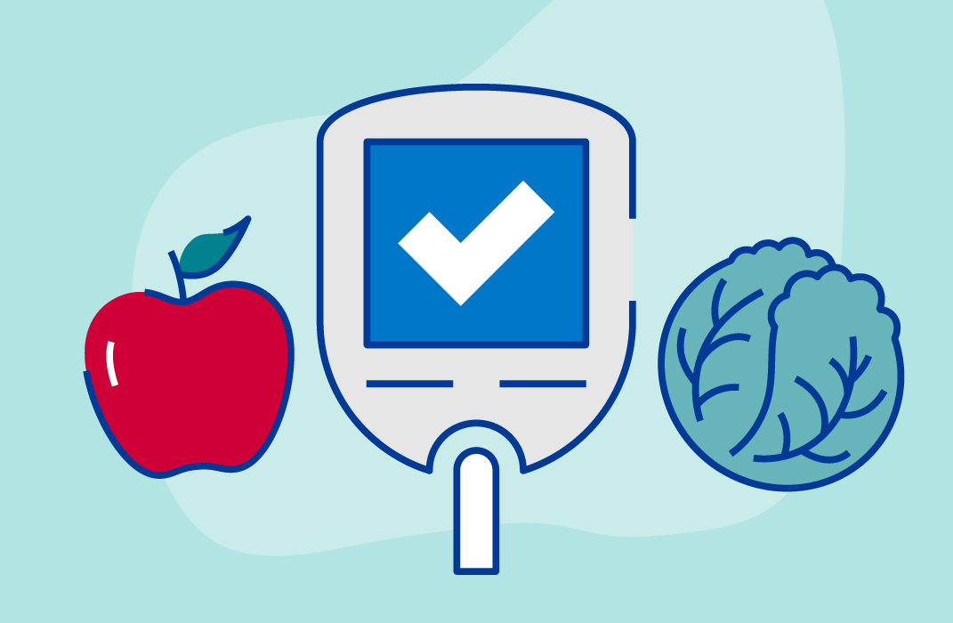Icon of a blood glucose meter, an apple, and lettuce