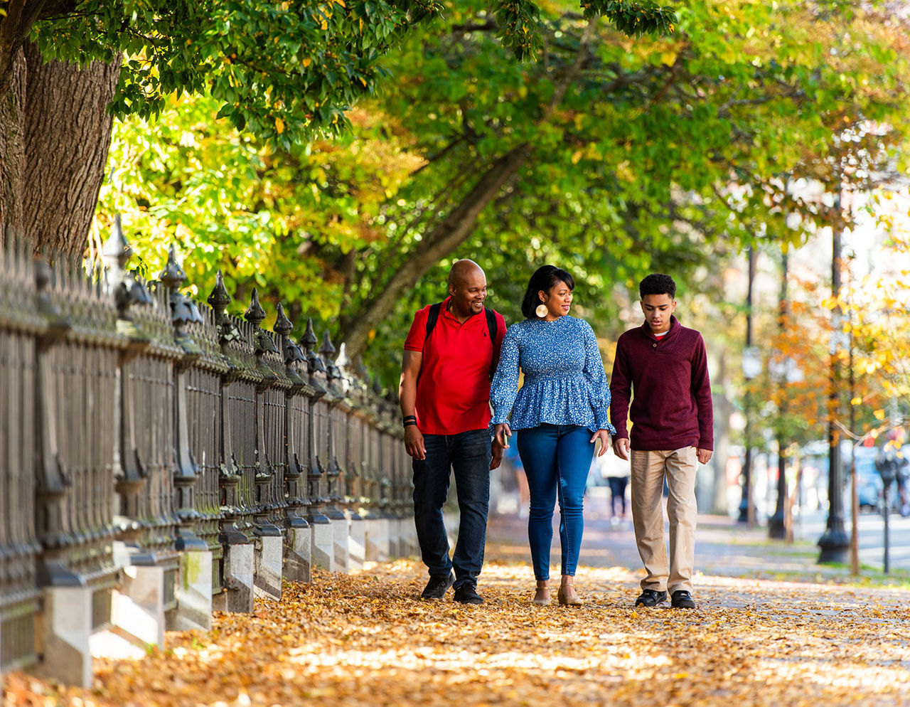 A mother, father, and teenaged son walk under the trees beside the railings at Boston Public Gardens.
