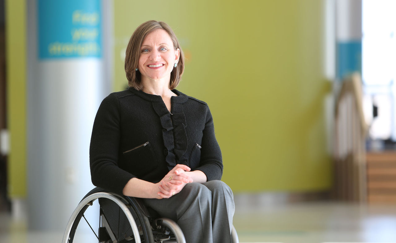 Cheri Blauwet in wheelchair at Spaulding Rehabilitation Hospital 