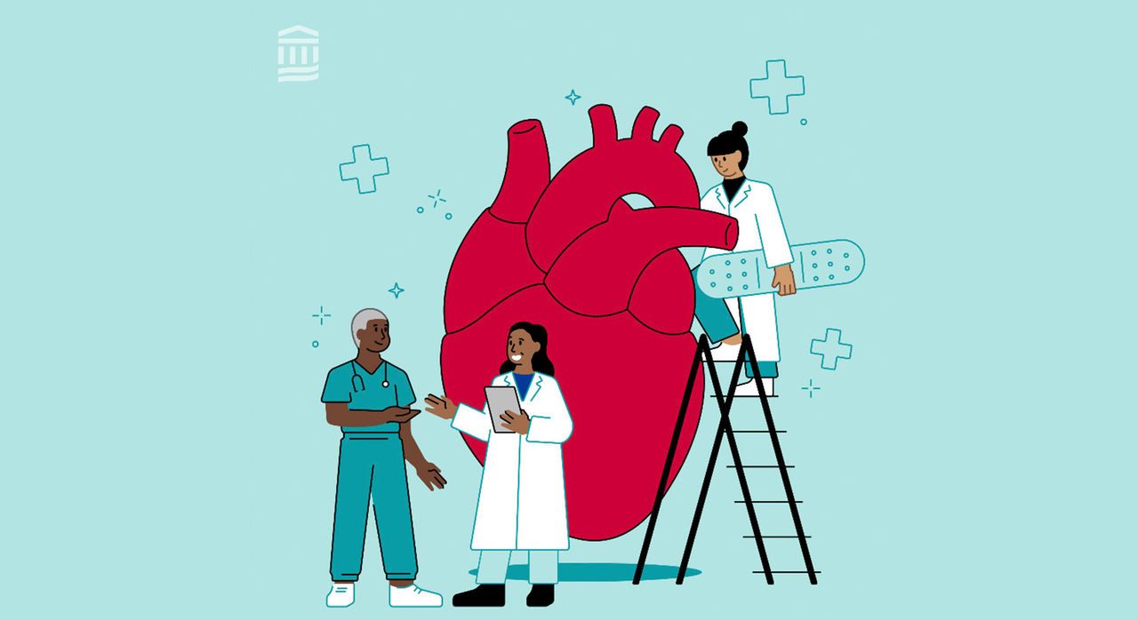 Graphic of the anatomy of a heart with a doctor carrying an adhesive bandage on a ladder while a doctor in a white coat is holding a clipboard and speaking to another doctor wearing scrubs with a stethoscope around their neck