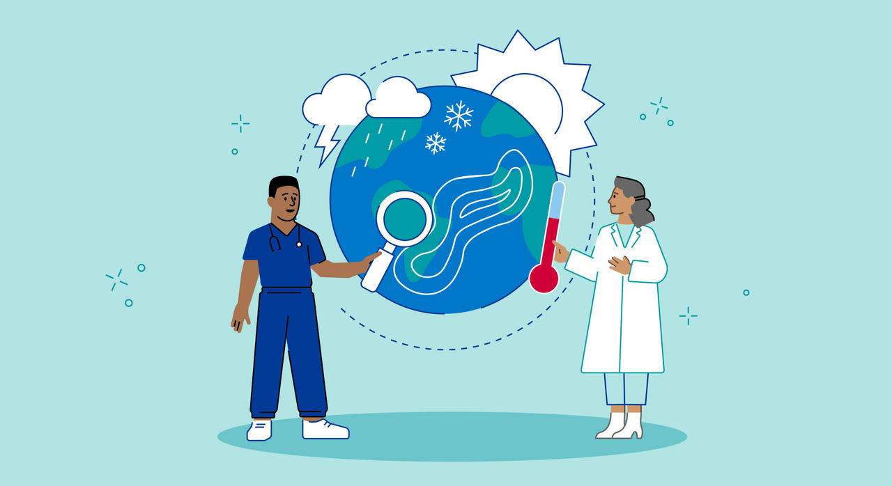 A world earth day illustration of a doctor in brown skin tone and short cropped black hair wearing blue scrubs, white shoes, and a stethoscope around their neck as they hold a big white magnifying glass to a globe filled with clouds and rain, clouds and lightning, sun, snowflakes, and more. Another doctor is standing on the right side of the globe with medium-length gray hair, light brown skin tone, while wearing a white lab coat over light blue scrubs and white heeled boots as she holds up a tube thermometer..
