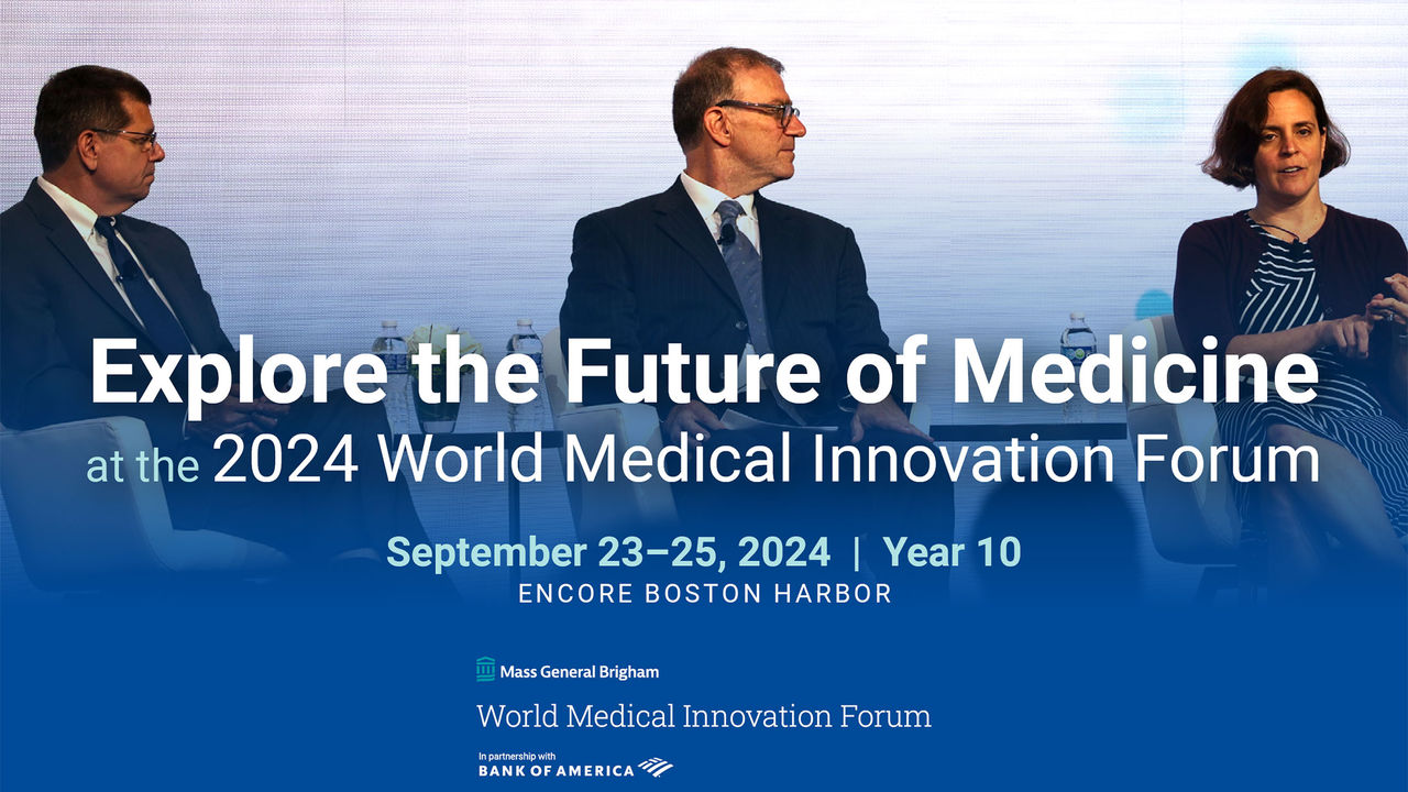 Three people on the stage during a panel. The text says, Explore the Future of medicine: 2023 World Medical Innovation Forum, September 24-25, 2024, Year 10, Encore Boston Harbor.