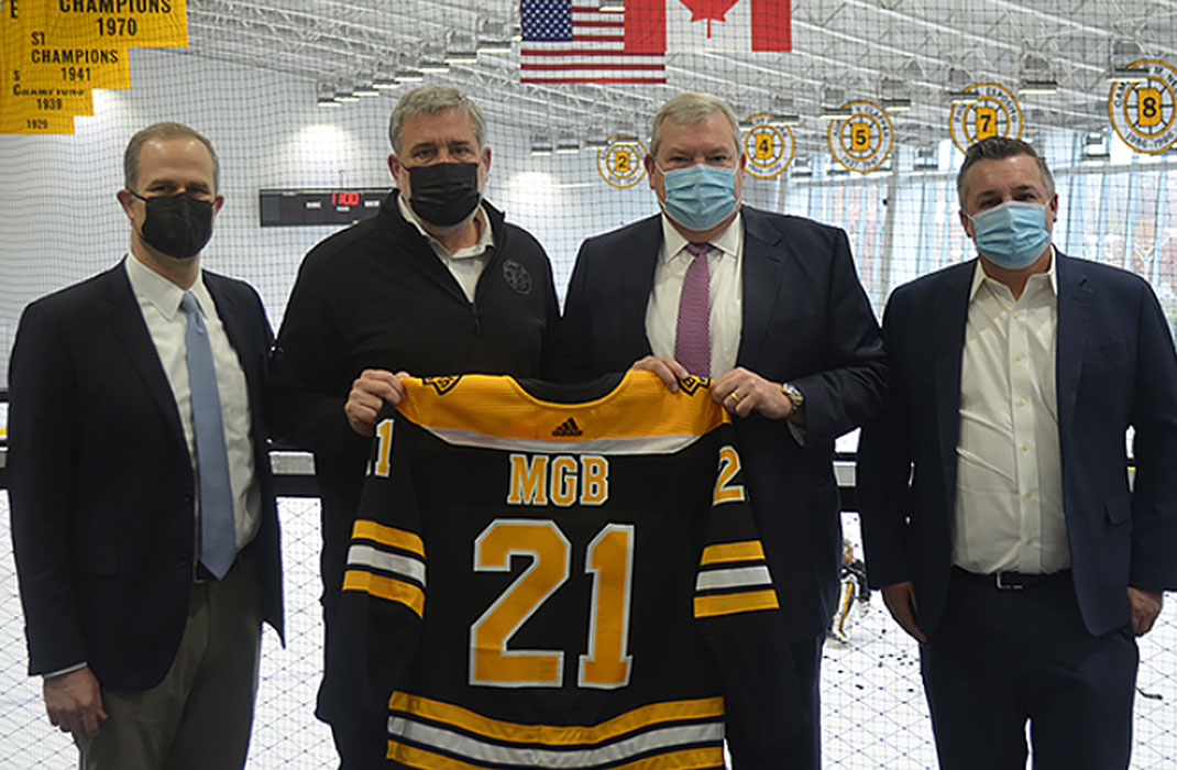 Dr. Peter Asnis, Medical Director Professional Sports for Mass General Brigham, Cam Neely, Bruins President, Scott Gassett, Vice President of Mass General Brigham Sports Medicine, and Brandon Eldredge, Chief New Clinical Business Officer at Mass General Brigham