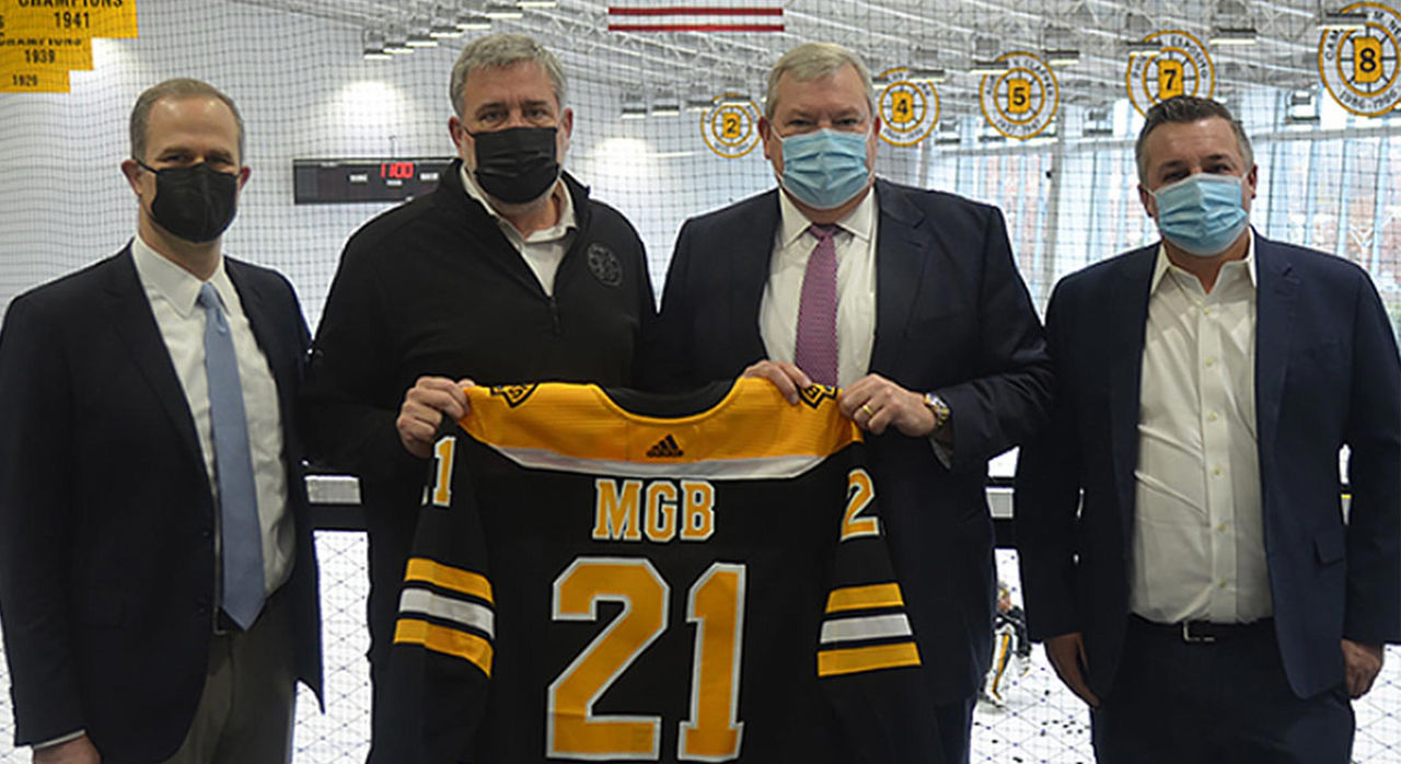 Dr. Peter Asnis, Medical Director Professional Sports for Mass General Brigham, Cam Neely, Bruins President, Scott Gassett, Vice President of Mass General Brigham Sports Medicine, and Brandon Eldredge, Chief New Clinical Business Officer at Mass General Brigham