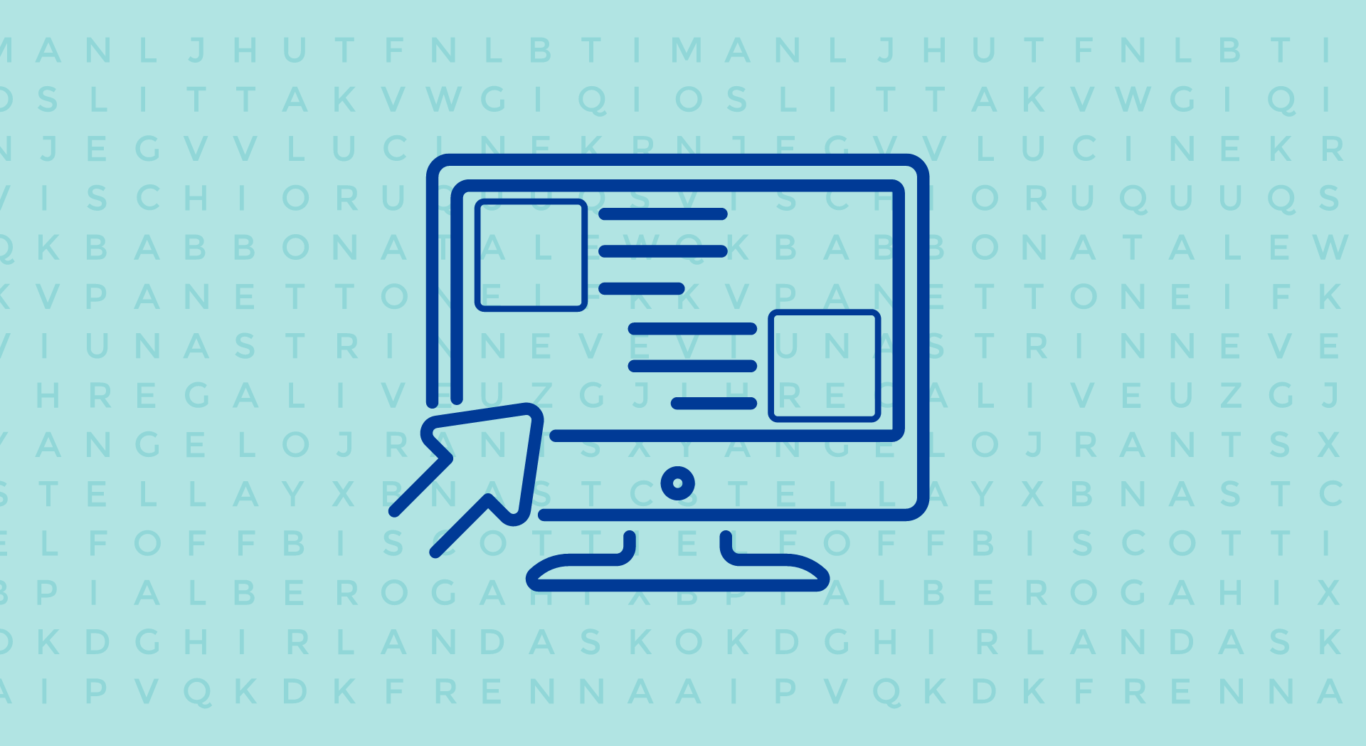 Line drawing of a computer monitor with a background of random letters.