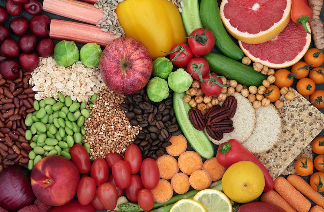 A lavish spread of fruits and nuts.