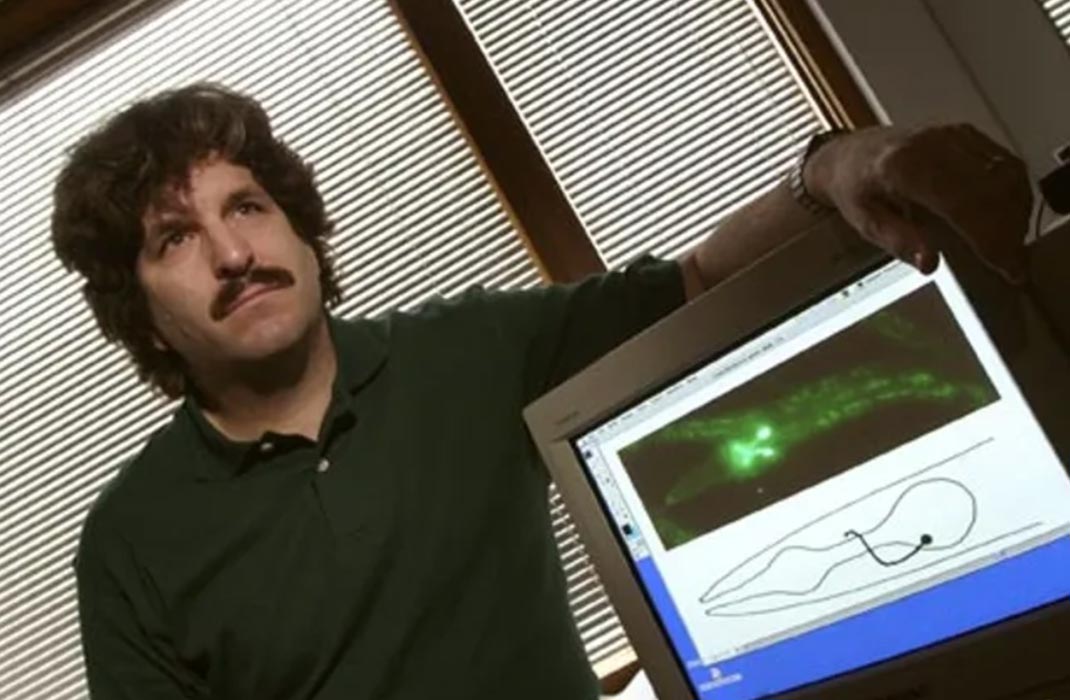 An individual standing next to a computer monitor showcasing research
