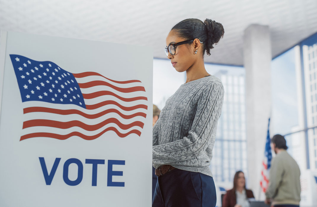 Woman stressed during presidential election voting. 