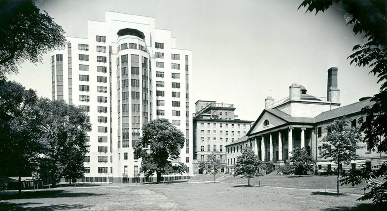 The main campus of Massachusetts General Hospital photographed in the 1940s.