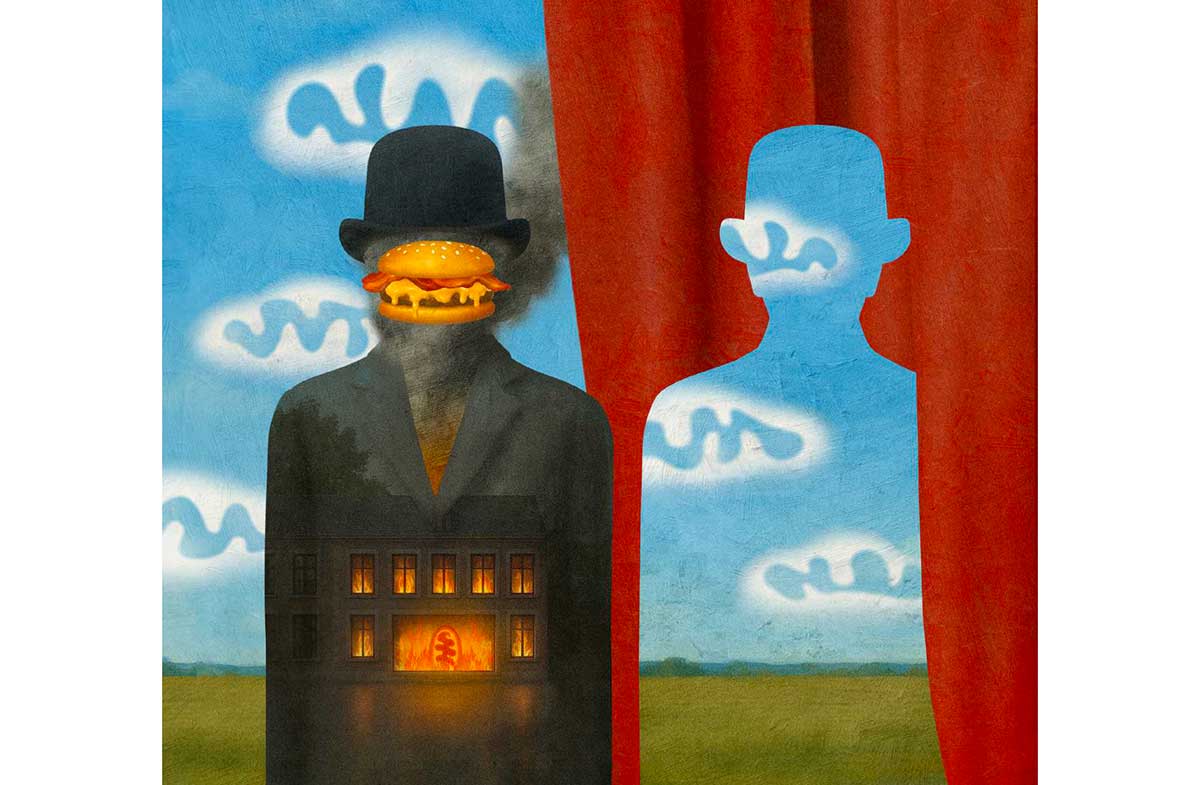 Surrealist painting of a man in a bowler hat and suit, with a hamburger where his face should be and a burning house where his stomach should be.