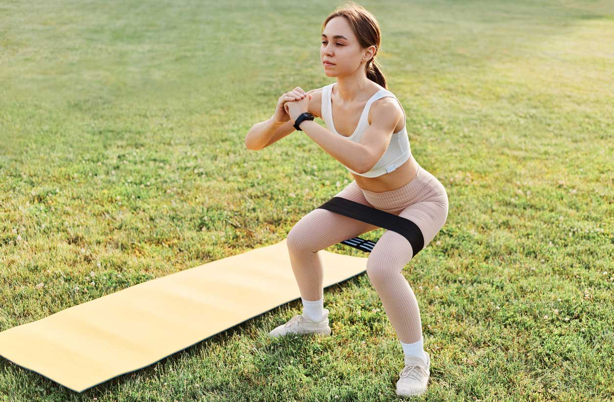 A young woman exercising outdoors with a resistance band.