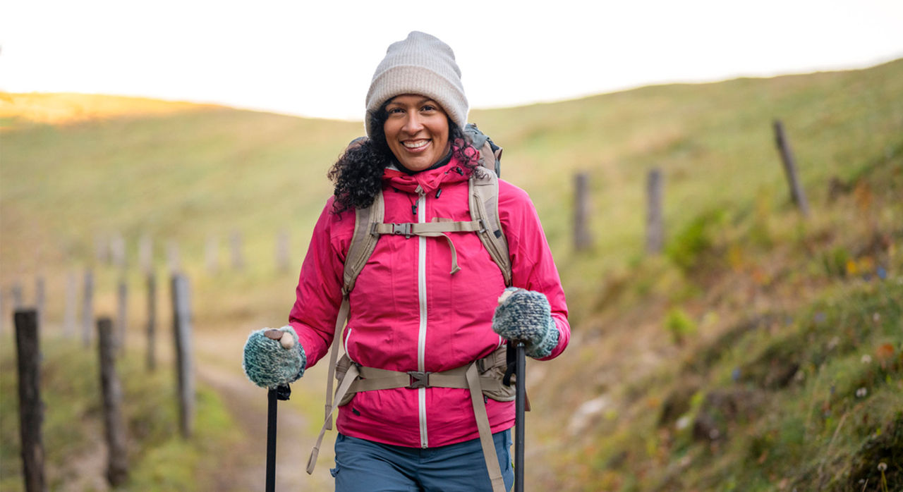 Woman hiking in cold weather