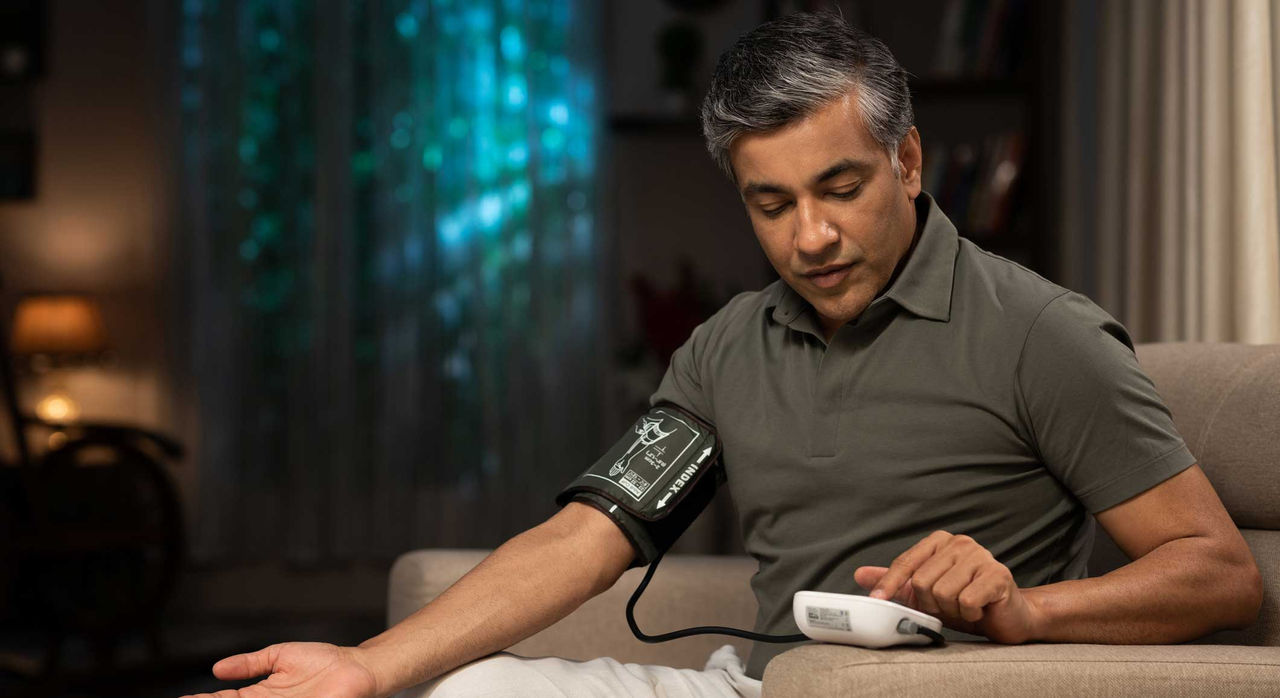 A man checks his blood pressure at home.