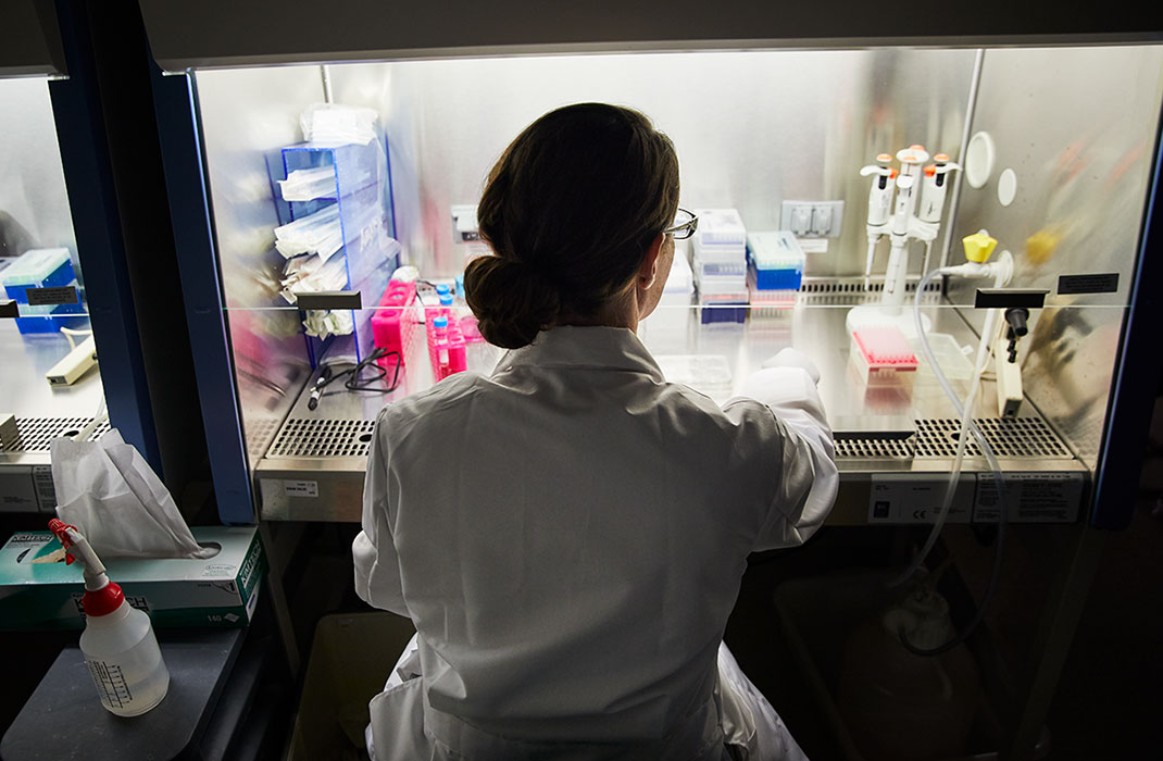 Doctor Fisher works at lab desk