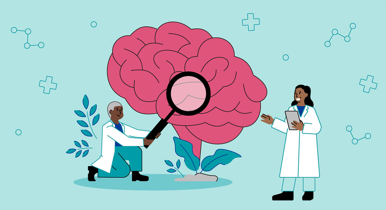Cartoon of two researchers examining a brain, which sprouts from the ground like a bush.