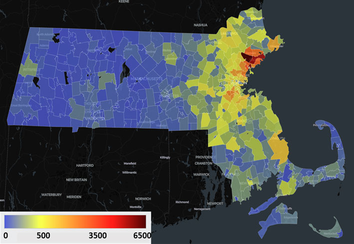 Map of Massachusetts with each ZIP code color-coded to reflect the number of patients from that area included in the study. The eastern third of the state is the most heavily represented.