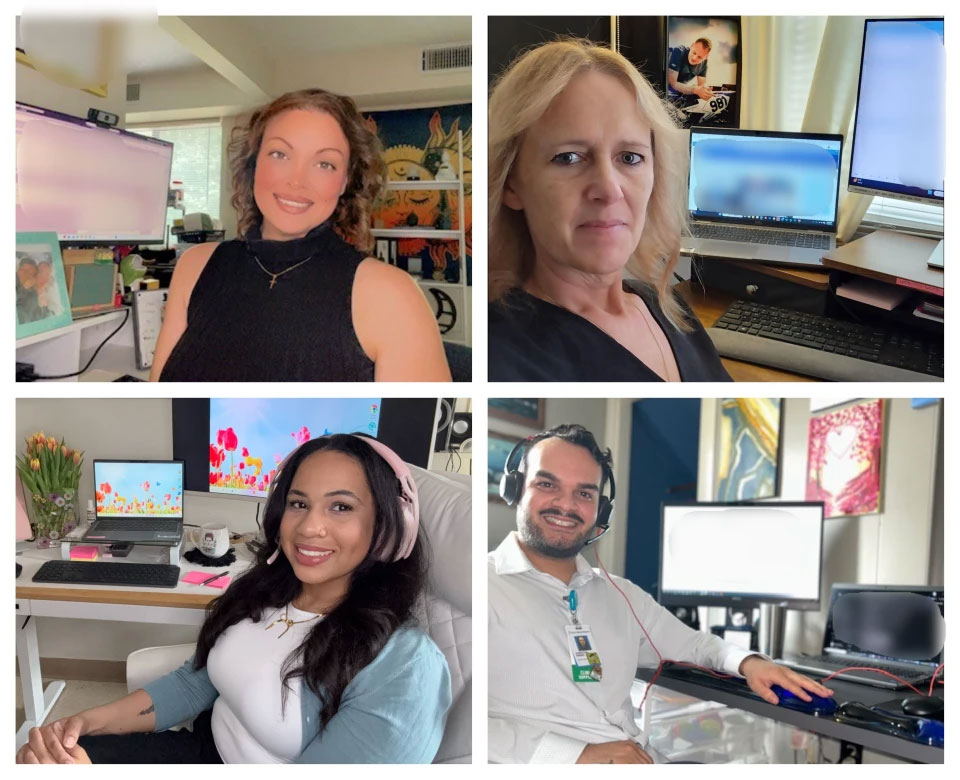 Shots of three women and one man at their desks.