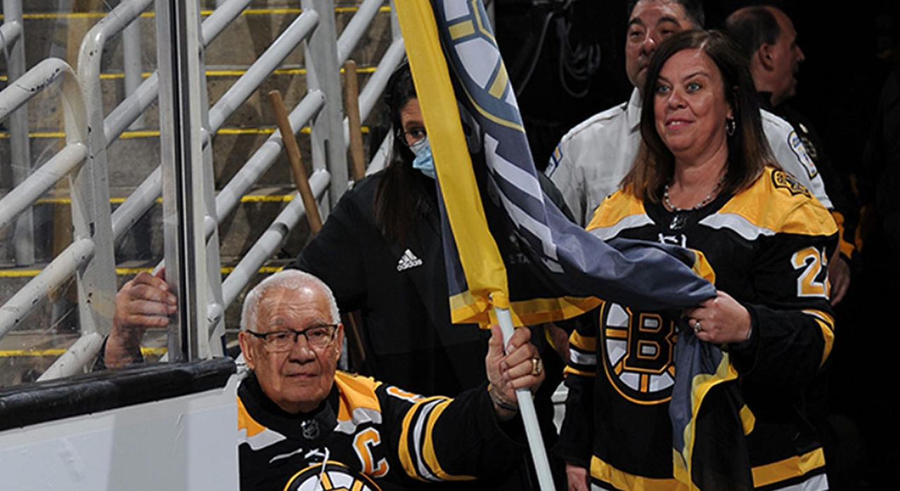 Debra (Deb) Saviano, RN, Newton-Wellesley Hospital, as Boston Bruins banner captain for game 1 in 2022 playoffs