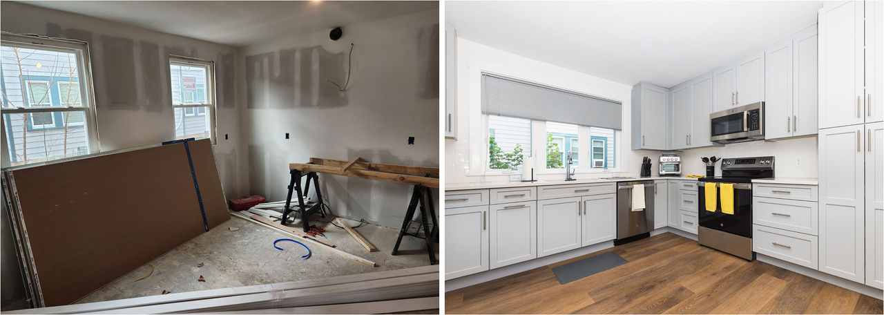 Before and after of a kitchen renovation, starting with a grungy room full of construction materials and ending with a gleaming white kitchen.
