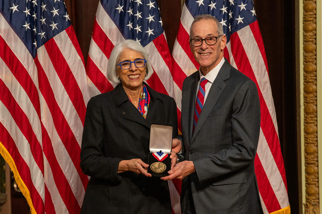 Arati Prabhakar, Ph.D., Director of the White House Office of Science and Technology Policy (OSTP), awards David R. Walt the Medal of Technology and Innovation during an awards ceremony at the Eisenhower Executive Office Building in Washington, DC, January 3, 2025. Photo by Ryan K. Morris
