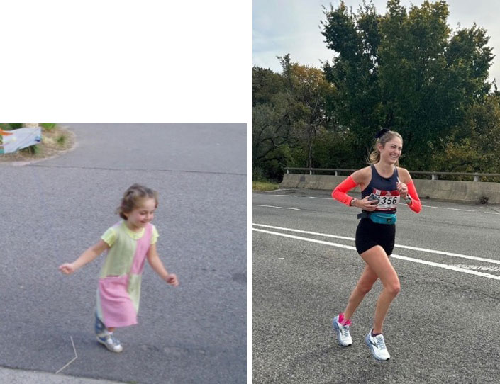 On the left, Eline as a small girl, running in a sundress; on the right, grown-up Eline running in the same position, dressed for a marathon.
