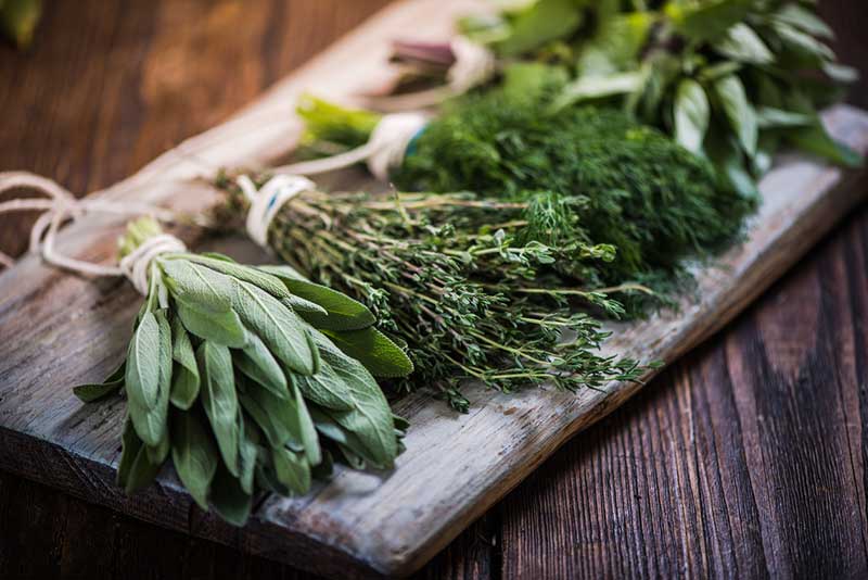 Bundles of fresh herbs on a cutting board.
