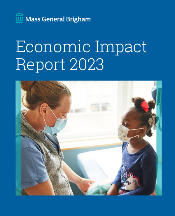 A cover of the report titled Economic Impact Report 2023 with a healthcare worker attending to a child in a medical examination room