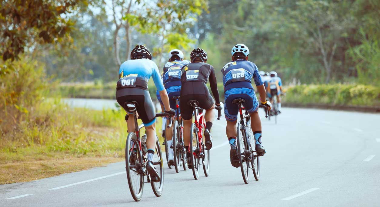 Competitive cyclists cycling on a road, surrounded by greenery.