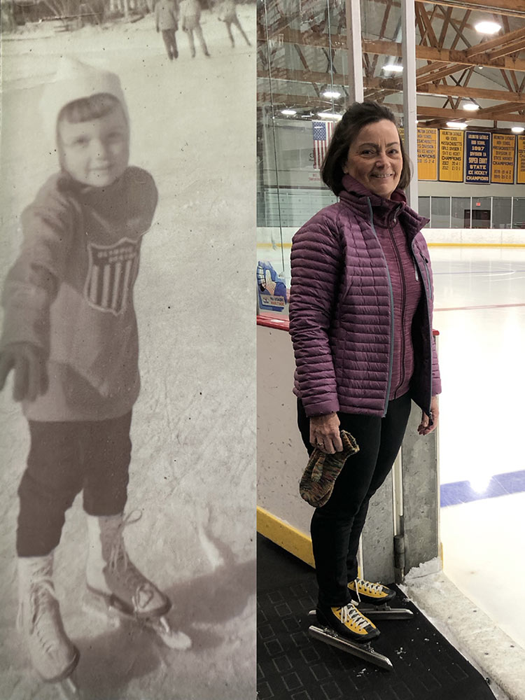 A side-by-side collage of a child in ice skates outdoors in the snow and a woman in ice skates at an indoor rink