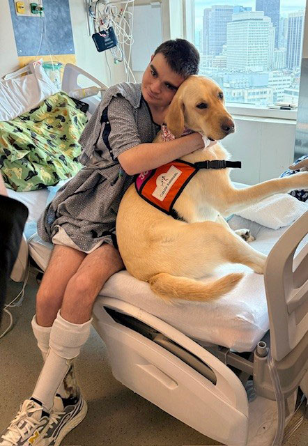 Pediatric patient Matthew hugs Kayce, a yellow Labrador Retriever and facility dog, on a hospital bed.