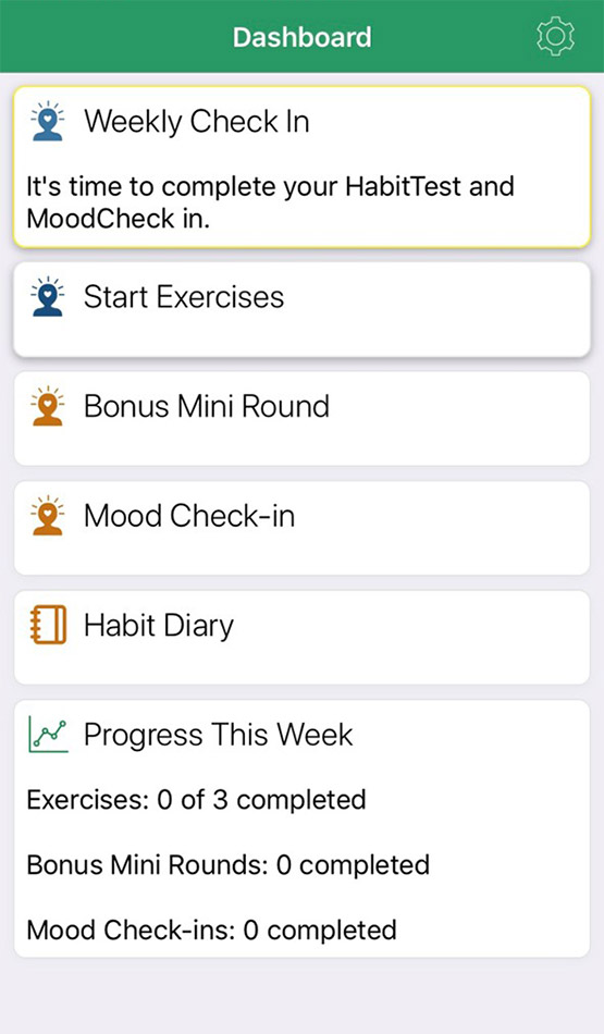 A smartphone dashboard screen for the HabitWorks app displays various options for habit and mood tracking, including Weekly Check In, Start Exercises, Bonus Mini Round, Mood Check-in, and Habit Diary.