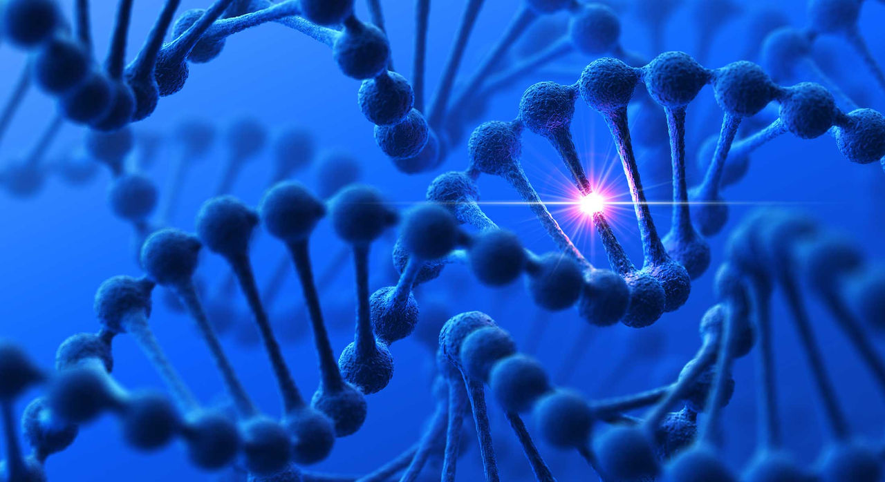 DNA helixes with one glowing link indicating an edited gene.