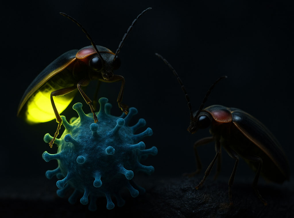 A glowing firefly perches on a virus particle, radiating a soft green glow, while another nearby firefly remains dark.