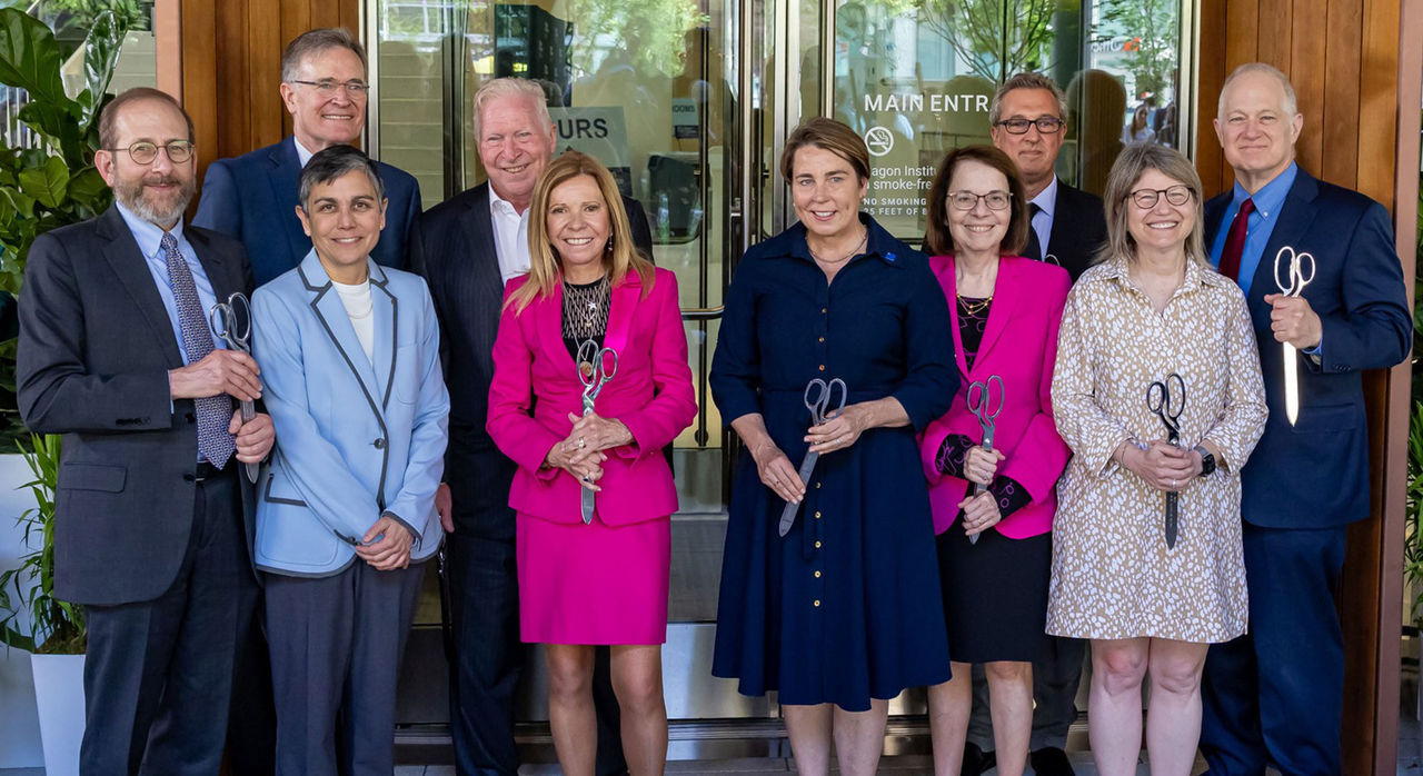 From left to right: Dr. Alan Garber, Dr. Bruce Walker, Dr. Marcela del Carmen, Phillip T. (Terry) Ragon, Susan Ragon, Governor Maura Healey, Dr. Anne Klibanski, Dr. Facundo Batista, Dr. Sally Kornbluth, Dr. David F.M. Brown.