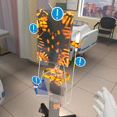 An infectious disease medical simulation in a hospital setting featuring handprints and fingerprints on an equipment as part of a virtual reality training module