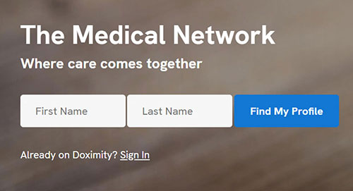 Doximity screenshot showing Find My profile button