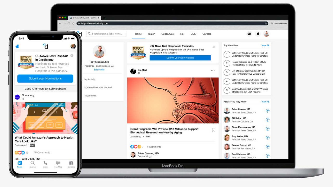 Doximity homepage showing the U.S. News Best Hospitals article