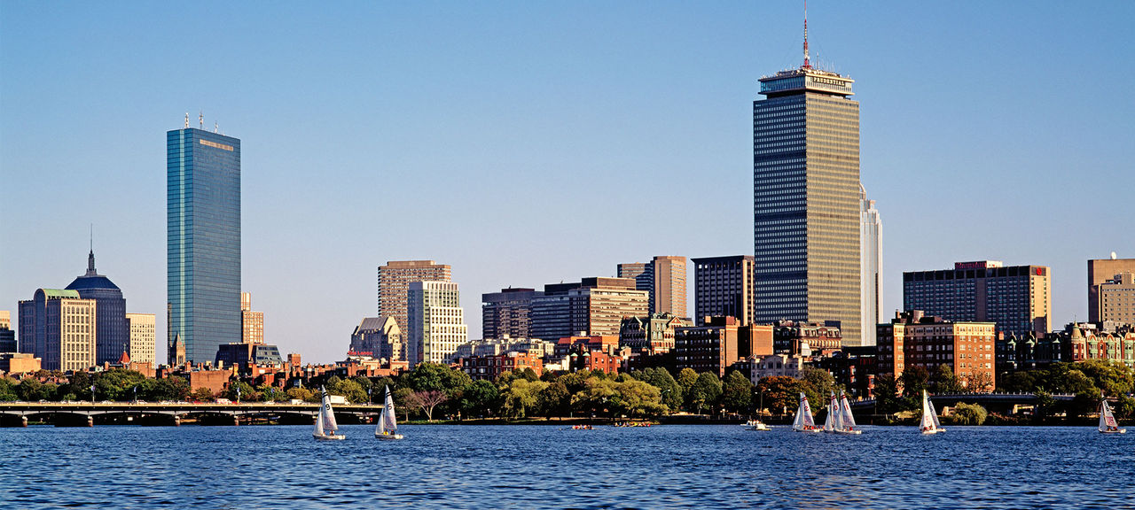 View of Boston skyline in back of Charles River