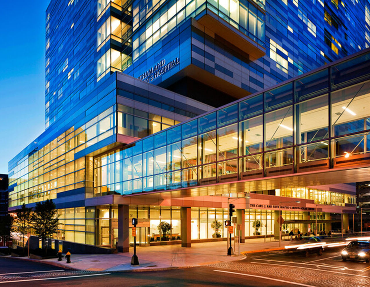 Brigham and Women’s Hospital building exterior in evening